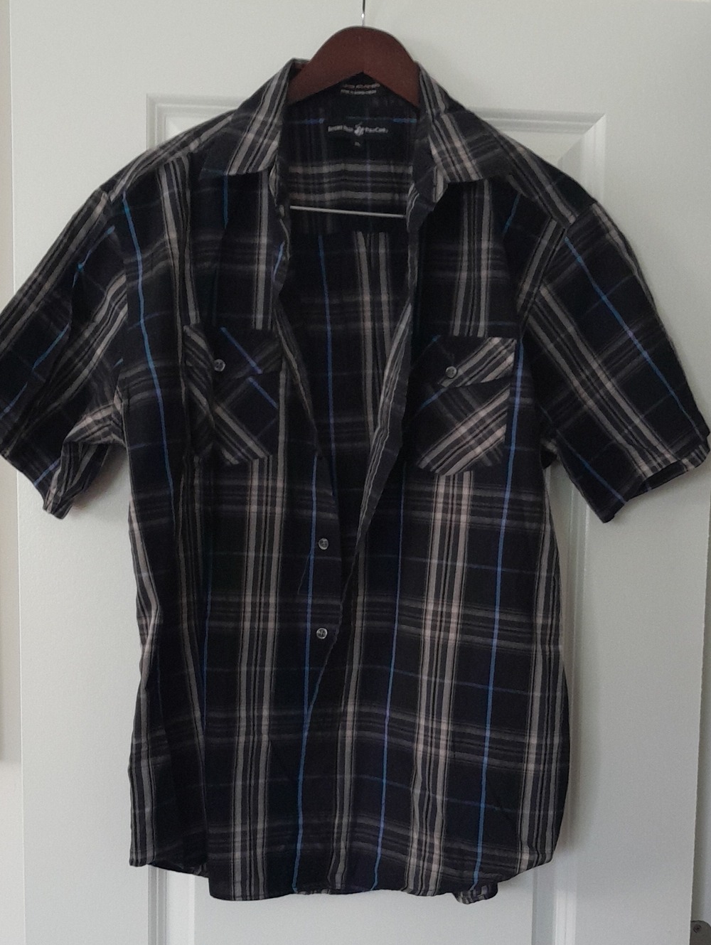 Beverly Hills Polo Club Black Plaid Button-Down Shirt with Blue Stripes